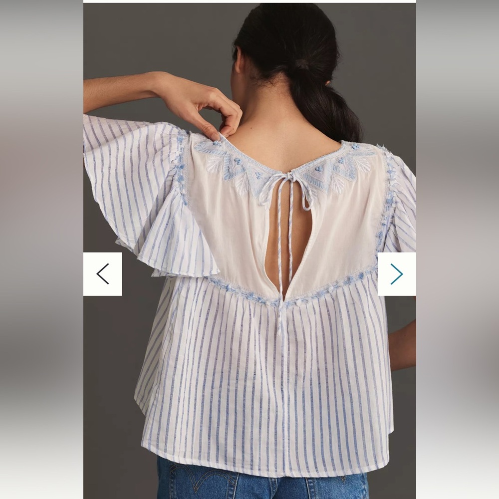 NWT Anthropologie Light Blue And White Striped Embroidered Flutter Sleeve Top - Picture 2 of 9